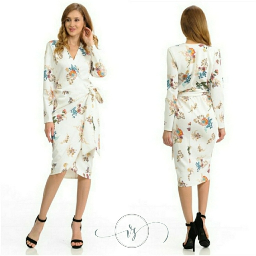 White Floral Wrap Midi Dress